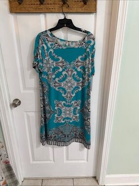 Madison Teal and White Printed Shift Dress